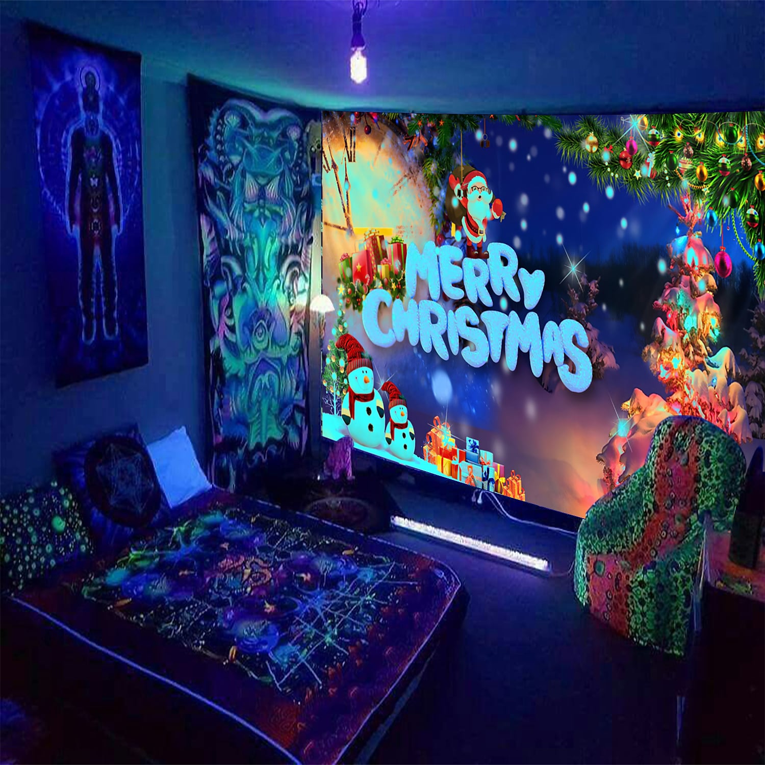 Christmas Blacklight UV Reactive Tapestry Dormitory Living Room Art Decoration