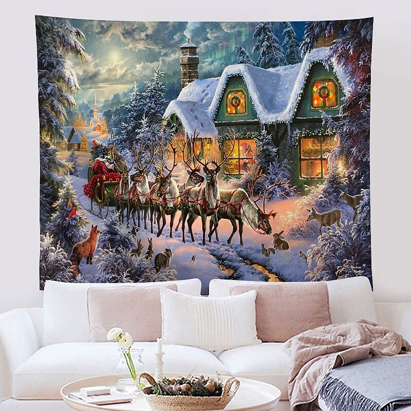 Christmas Santa Claus Holiday Party Wall Tapestry Art Decor Blanket Curtain Hanging Home Bedroom Living Room Decoration Christmas Tree Snowman Elk Snowflake Candle Gift Fireplace