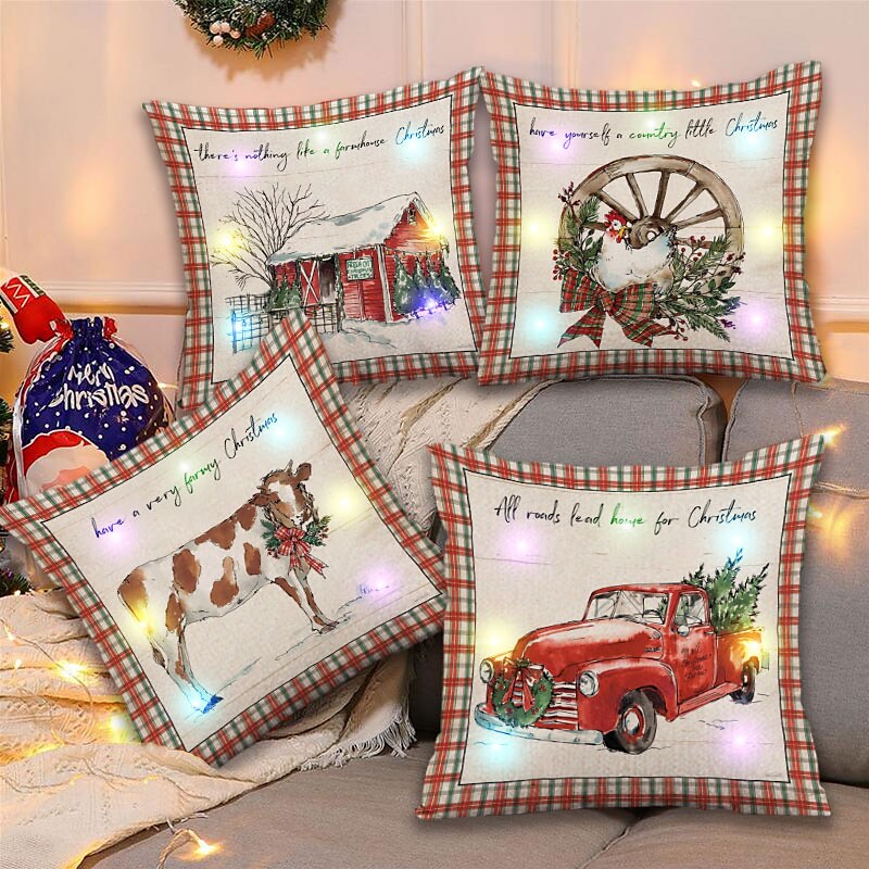 4PC Christmas LED Lights Cushion Cover Words Ptinted 