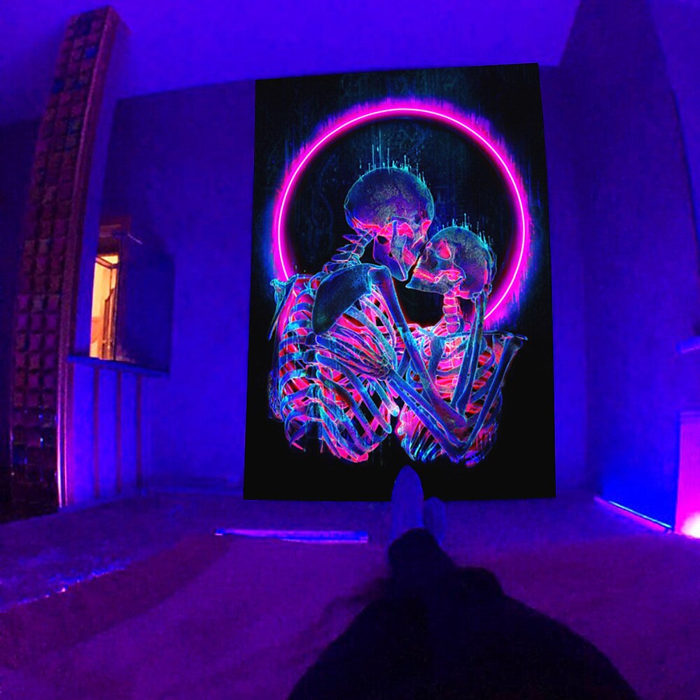 Black Light UV Reactive Psychedelic Skull Mushroom Wall Tapestry Hanging 