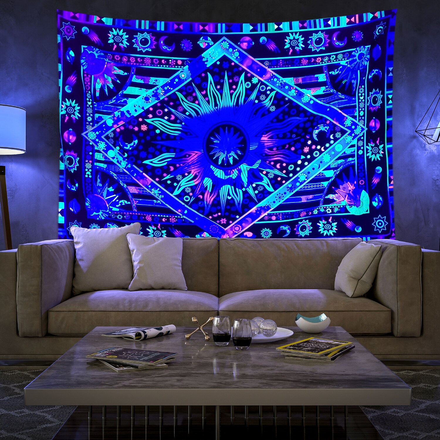 Blacklight UV Reactive Wall Tapestry Tarot Psychedelic Room Background Decorative Cloth Hanging