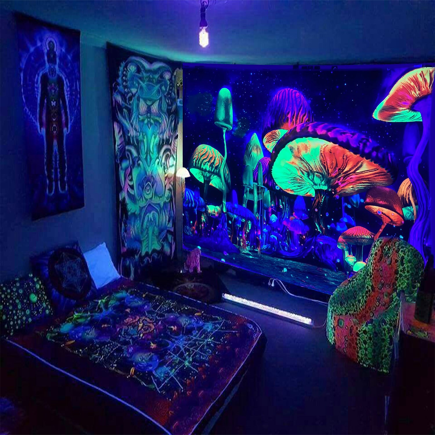 Blacklight UV Reactive Tapestry Trippy Mushroom Decoration Cloth