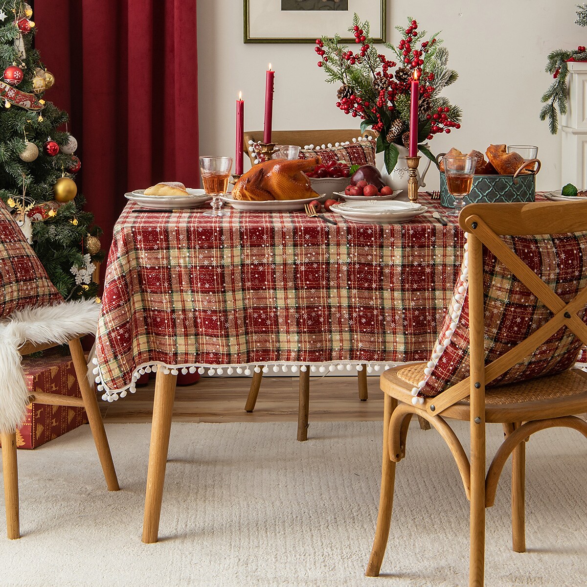 Christmas Buffalo Plaid Tablecloth Washable Cotton Linen Table Cover