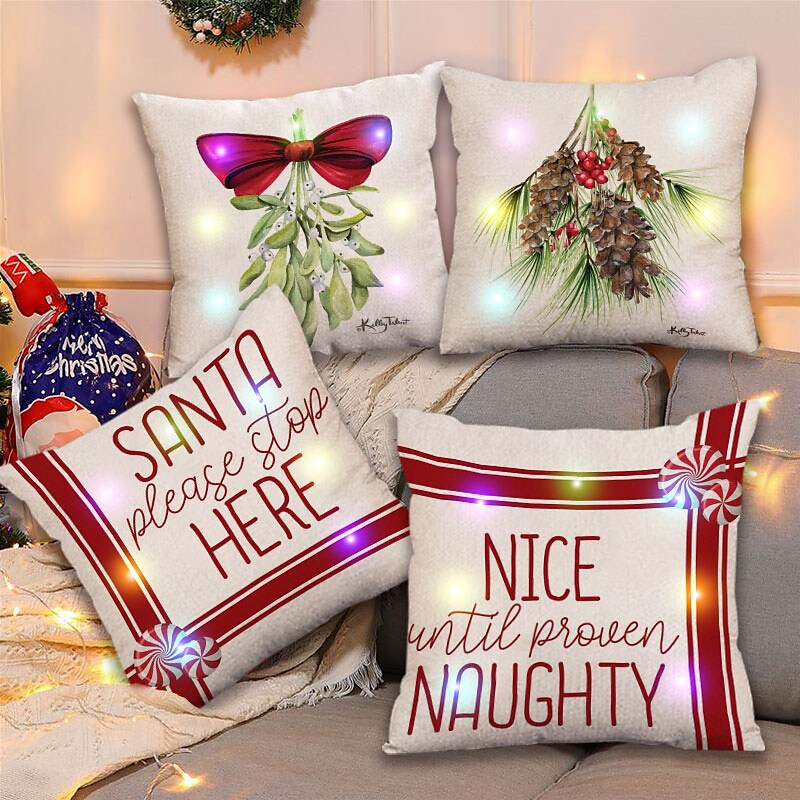 4PC Christmas Cushion Cover LED Lights Soft Decorative Square Cushion Case