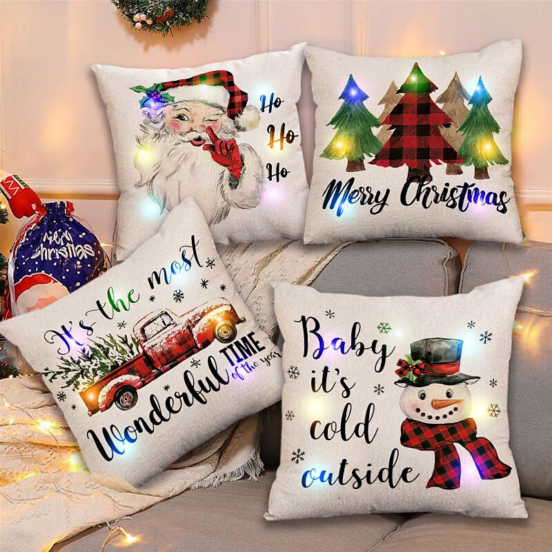 Christmas LED Lights Cushion Cover 4PC Santa Claus Tree Snowman Printed