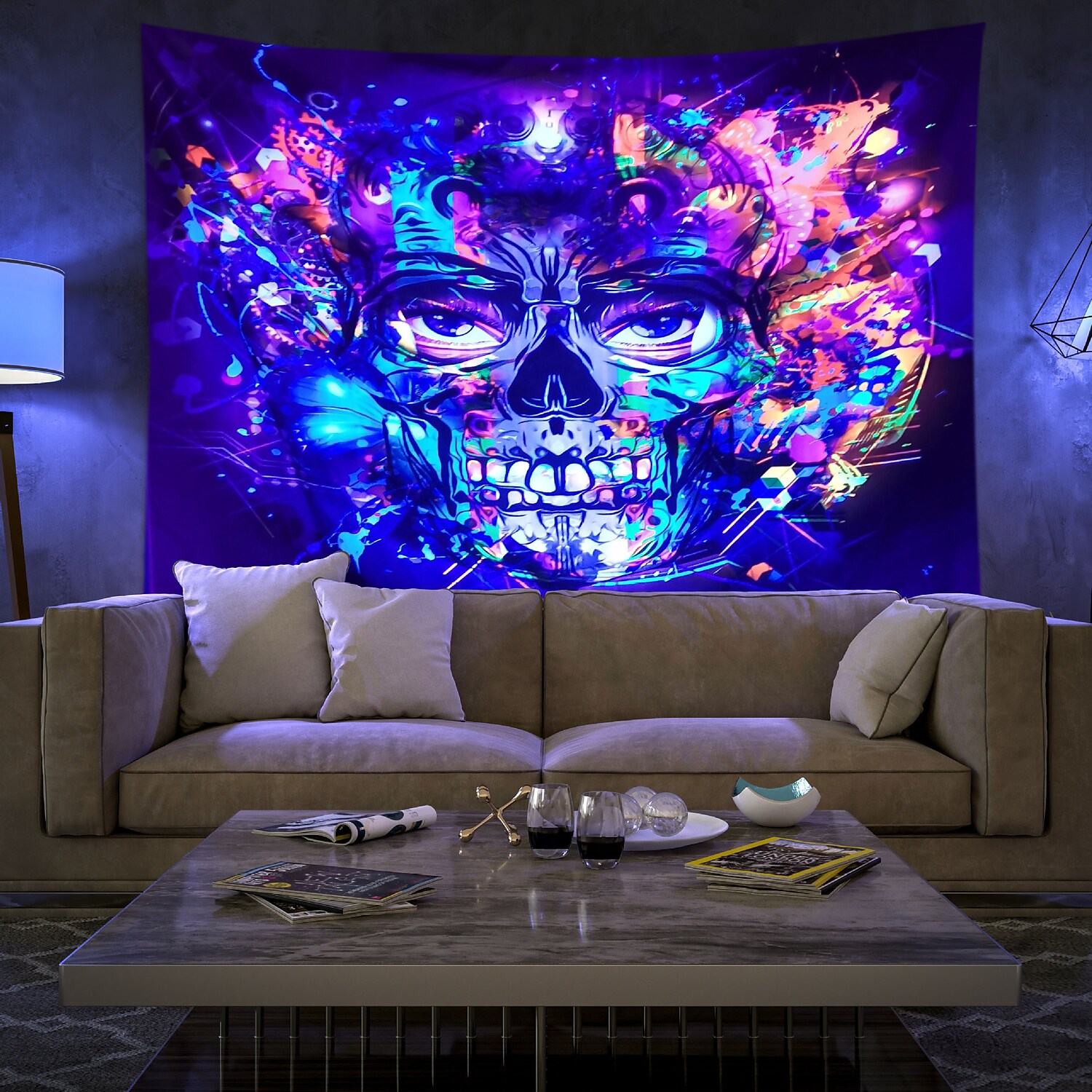Halloween Skull Blacklight UV Reactive Wall Tapestry Psychedelic Room Background Decorative Cloth Hanging