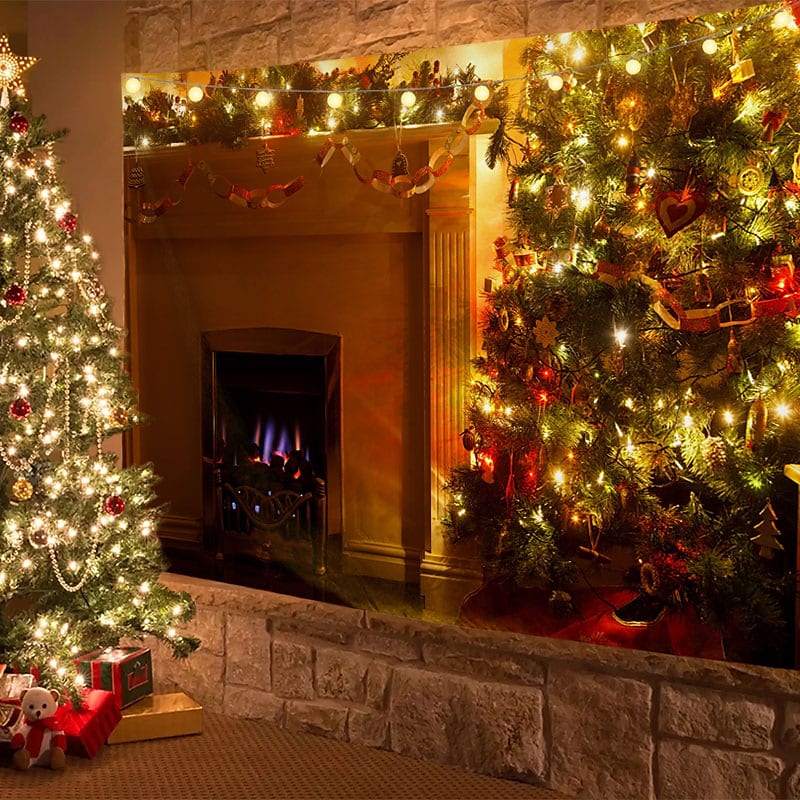 Christmas Decor LED Lights Wall Tapestry Fireplace Christmas Tree Print