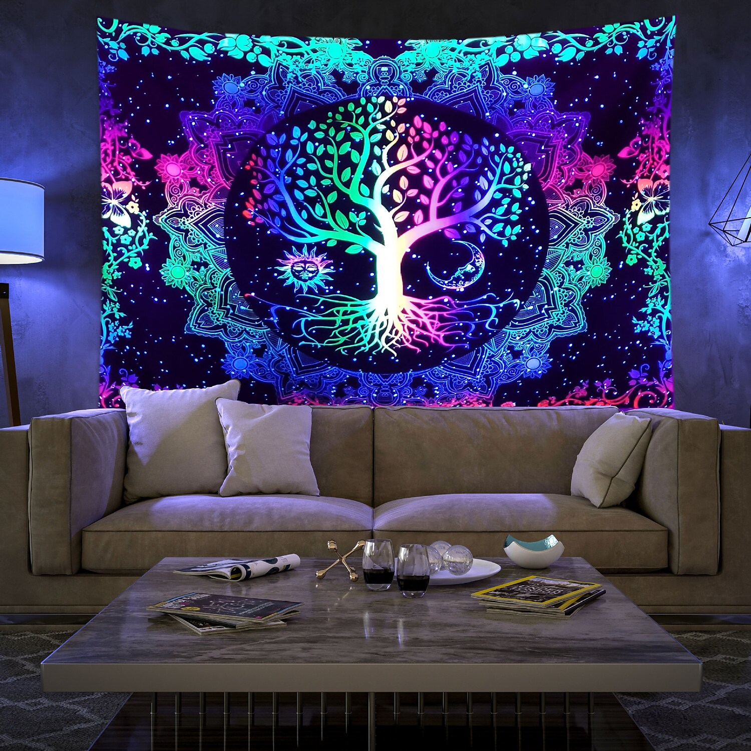 Blacklight UV Reactive Wall Tapestry Tree of Life Room Background Decorative Cloth Hanging