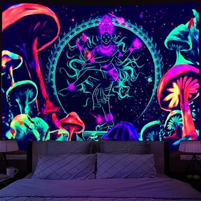 Trippy Black Light Tapestry UV Reactive Psychedelic Mushroom Mandala C