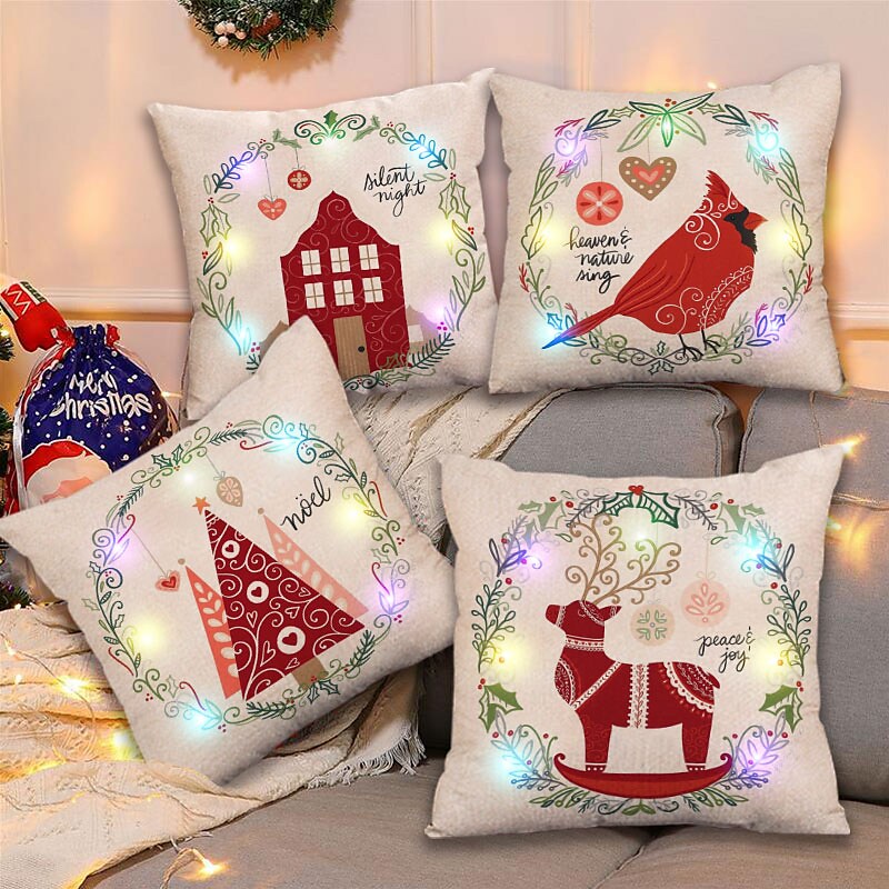 4PC Christmas Cushion Cover LED Lights Santa Claus Printed