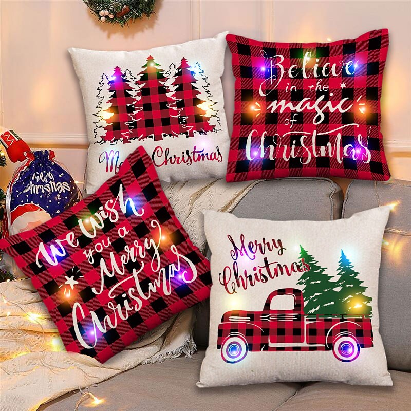 4PC Christmas LED Lights Cushion Cover Reindeer Tree Snow Printed