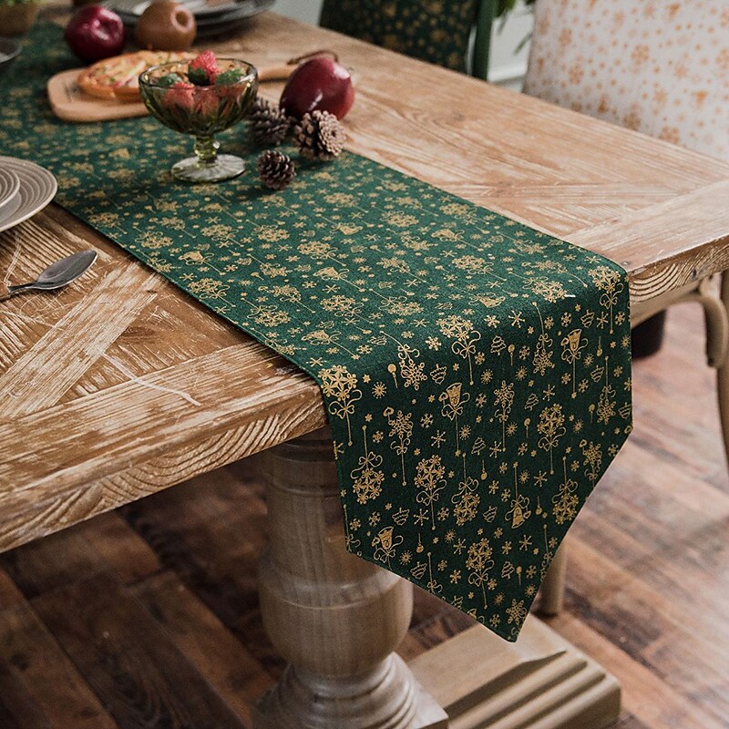 Christmas Retro Cotton Linen Table Runner Snowflakes Decorations for Dining Room
