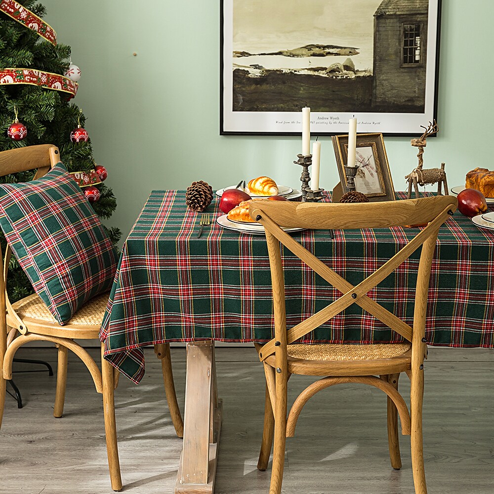 Christmas Buffalo Plaid Tablecloth Washable Cotton Linen Table Cover