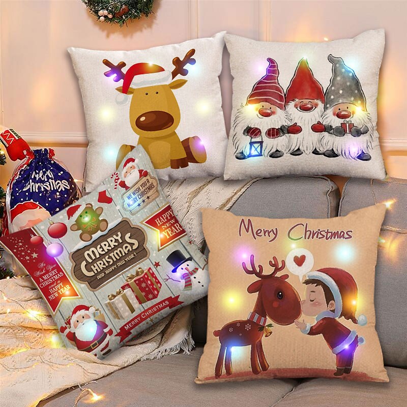 Christmas Cushion Cover with LED Light 4PC Soft Decorative Santa Claus Reindeer Snowman Square Cushion Case Pillowcase for Bedroom Livingroom Sofa Couch Chair Superior Quality Machine Washable