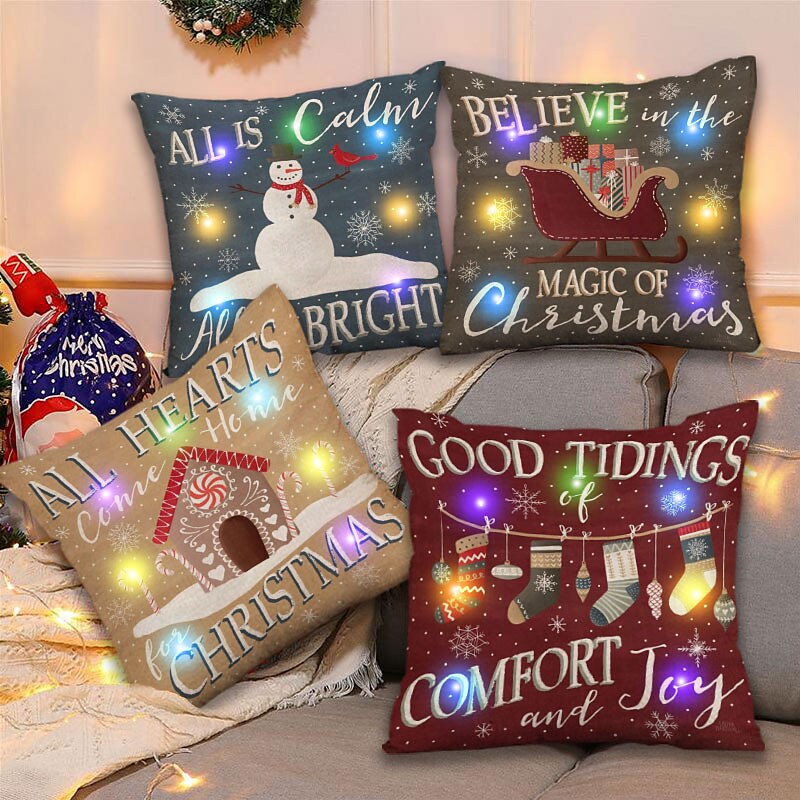 Christmas Snowman Cushion Cover with LED Lights 4PC Soft Decorative Square Cushion Case Pillowcase for Bedroom Livingroom Sofa Couch Chair Superior Quality Machine Washable