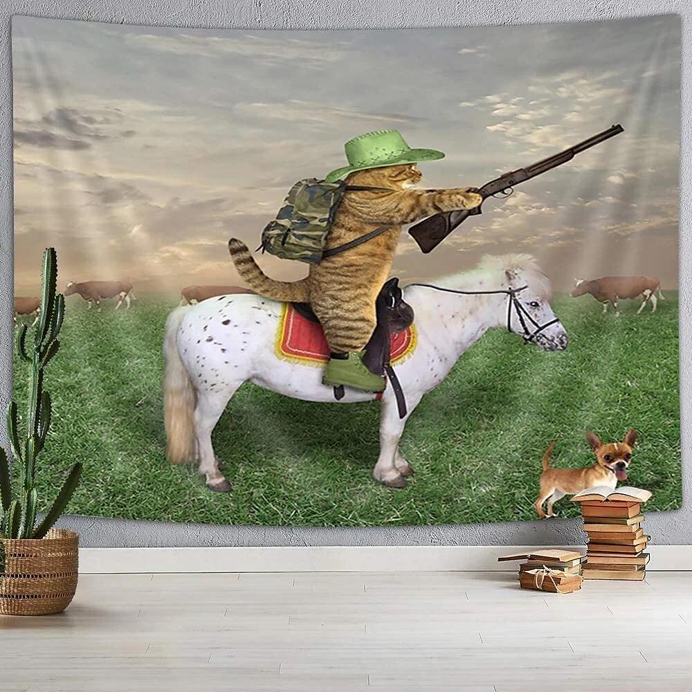 Funny Wall Tapestry Art Decor Horse Cat Solider Wall Hanging Backdrop 