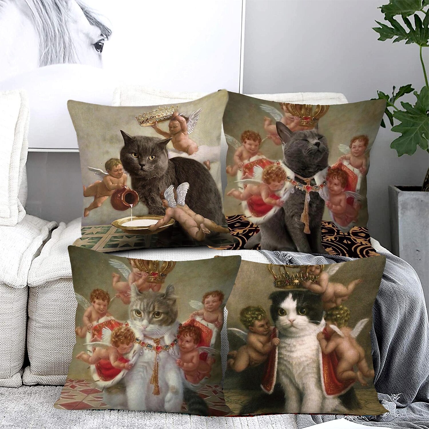 Funny Renaissance Cat Double Side Pillow Cover 4PC Soft Decorative Square Cushion Case Pillowcase for Bedroom Livingroom Sofa Couch Chair 2023 - US $14.99 –P3