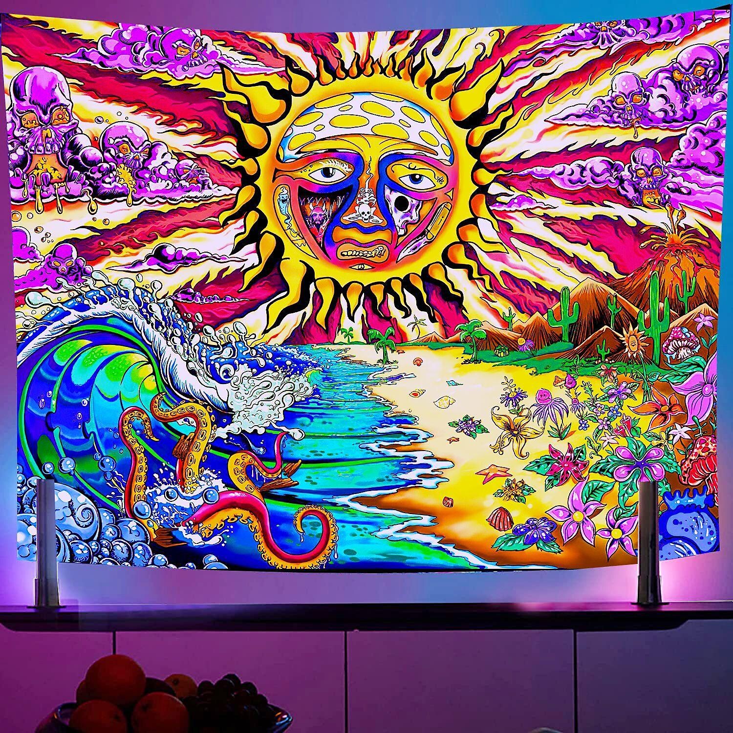 Blacklight UV Reactive Psychedelic Mushroom Wall Tapestry 