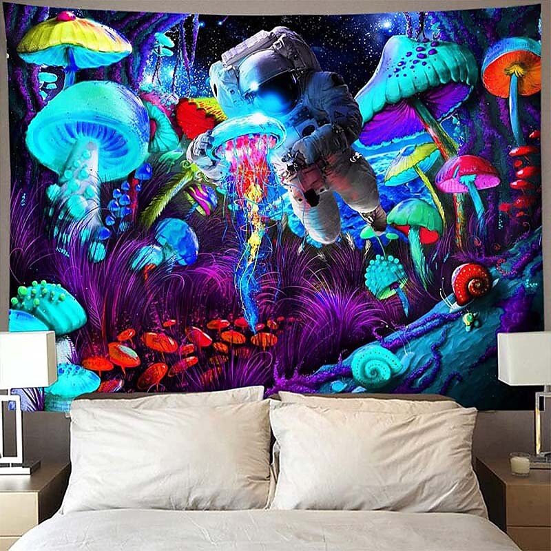 Blacklight UV Reactive Tapestry Trippy Mushroom Decoration Cloth