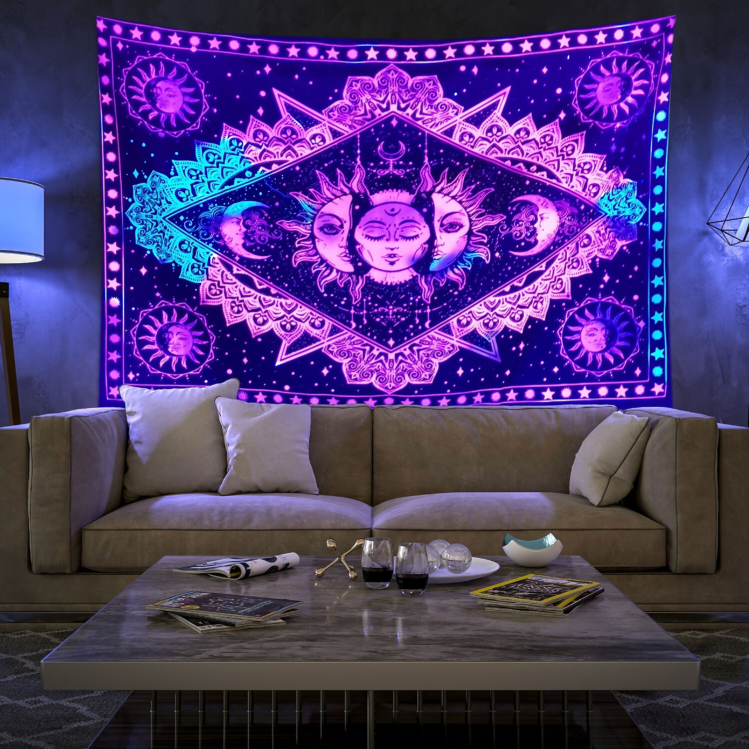 Blacklight UV Reactive Wall Tapestry Tarot Sun Room Background Decorative Cloth Hanging