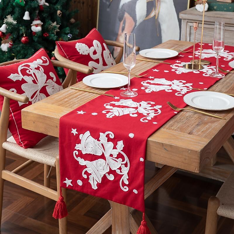 Embroidery Christmas Cotton Table Runner with Tassel Snowflake  Bell