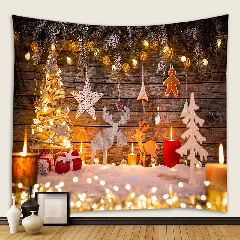 Christmas Santa Claus Wall Tapestry Art Decor Blanket Curtain Picnic Tablecloth Hanging Home Bedroom Living Room Dorm Decoration Candle Christmas Tree Gift Snow Elk Polyester