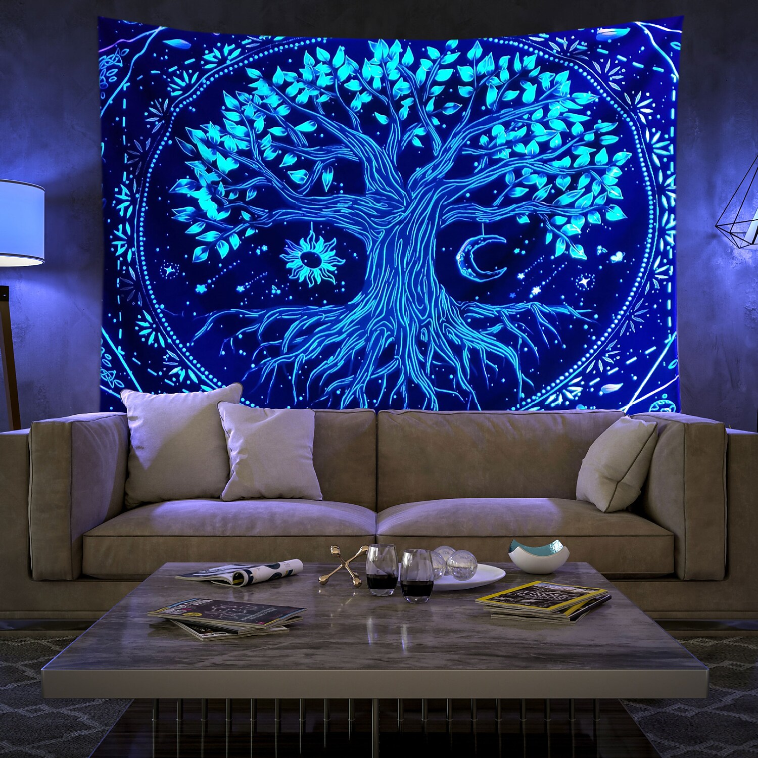 Blacklight UV Reactive Wall Tapestry Tree of Life Room Background Decorative Cloth Hanging