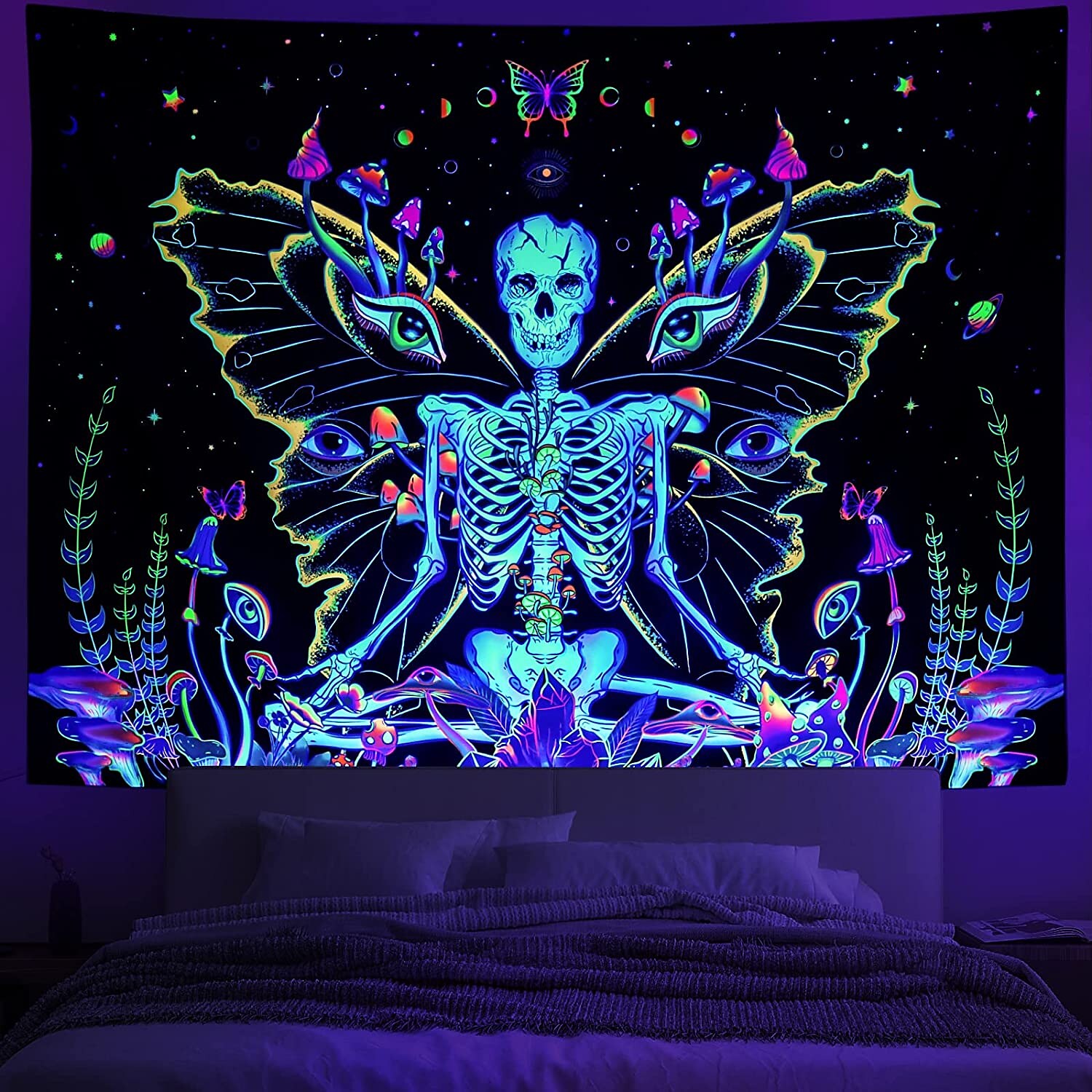 Butterfly Blacklight UV Reactive Tapestry Skull Meditation Trippy