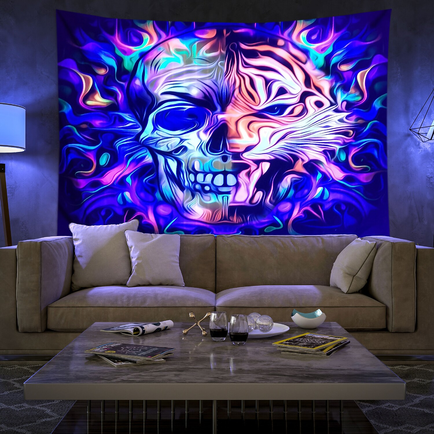 Halloween Skull Blacklight UV Reactive Wall Tapestry Psychedelic Room Background Decorative Cloth Hanging