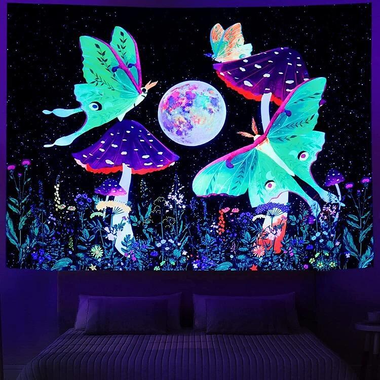 Trippy Butterfly Black Light Tapestry UV Reactive Psychedelic Mushroom