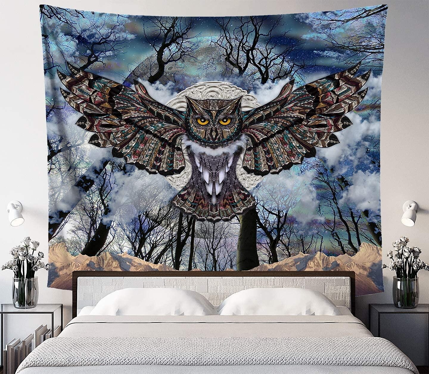 Trippy Owl Wall Tapestry Art Decor Wall Hanging Dark Forest
