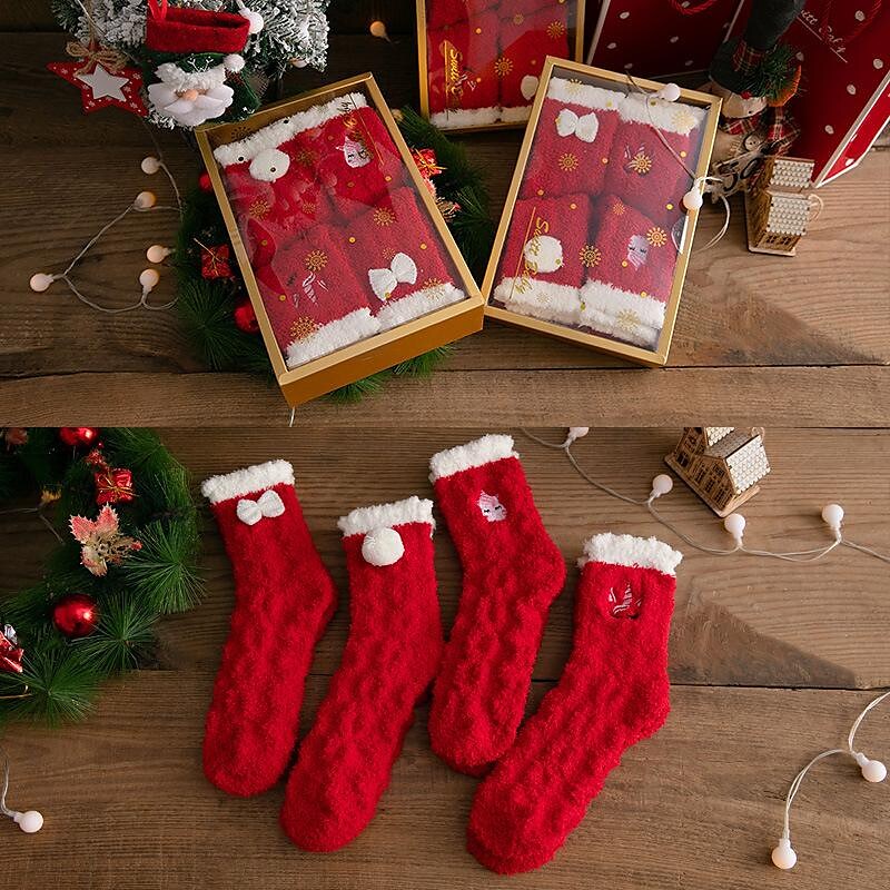 Christmas Gift 4 Pair Socks Fleece Push for Women and Men