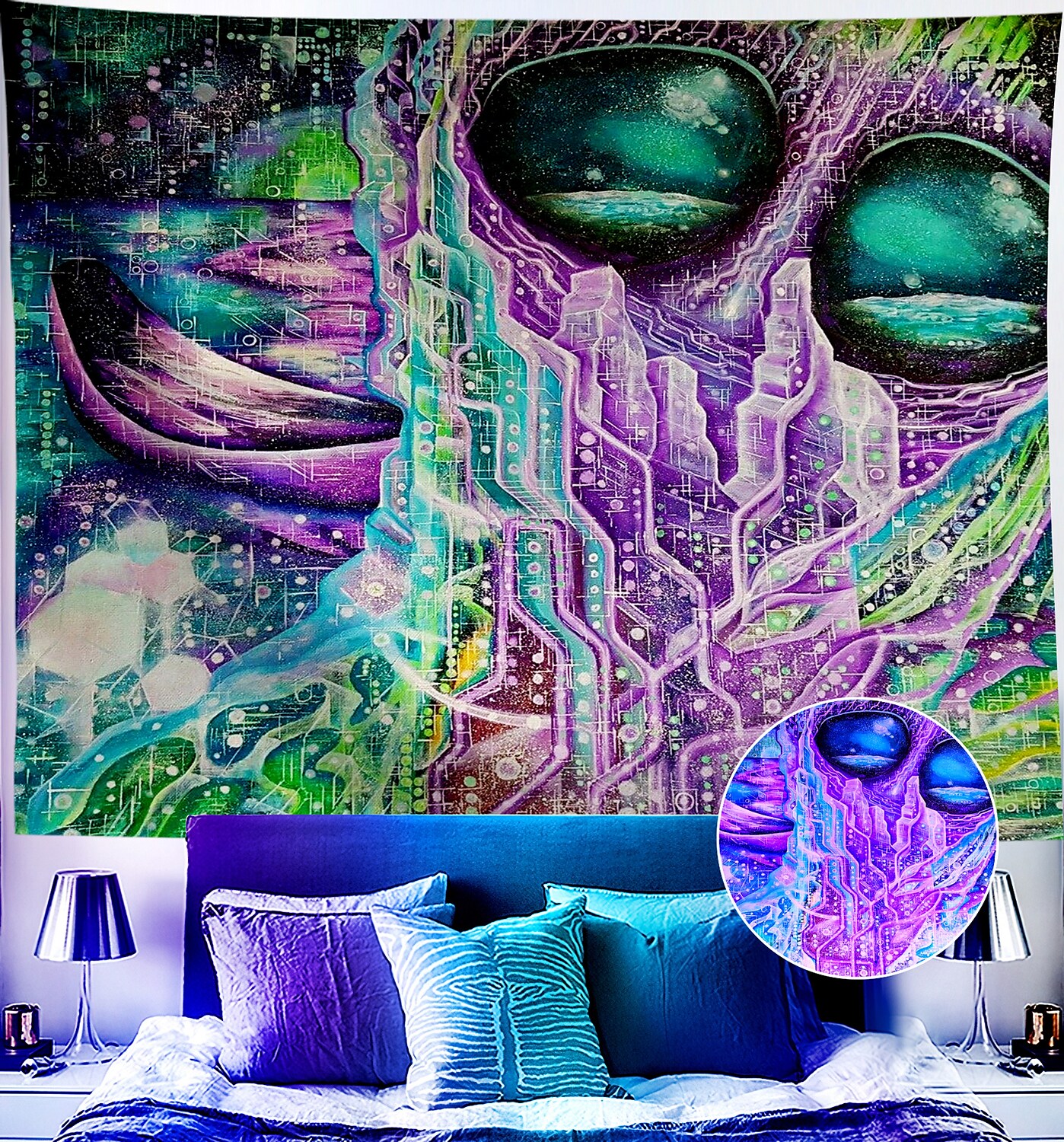 Trippy Blacklight UV Reactive Wall Tapestry Alien Psychedelic Butterfl