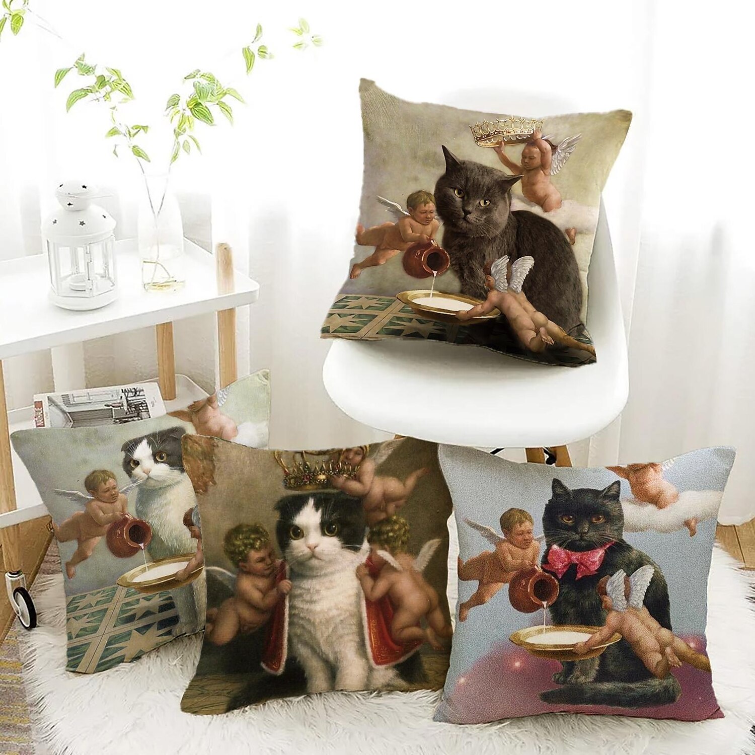 Funny Renaissance Cat Double Side Pillow Cover 4PC Soft Decorative Square Cushion Case Pillowcase for Bedroom Livingroom Sofa Couch Chair 2023 - US $14.99 –P4