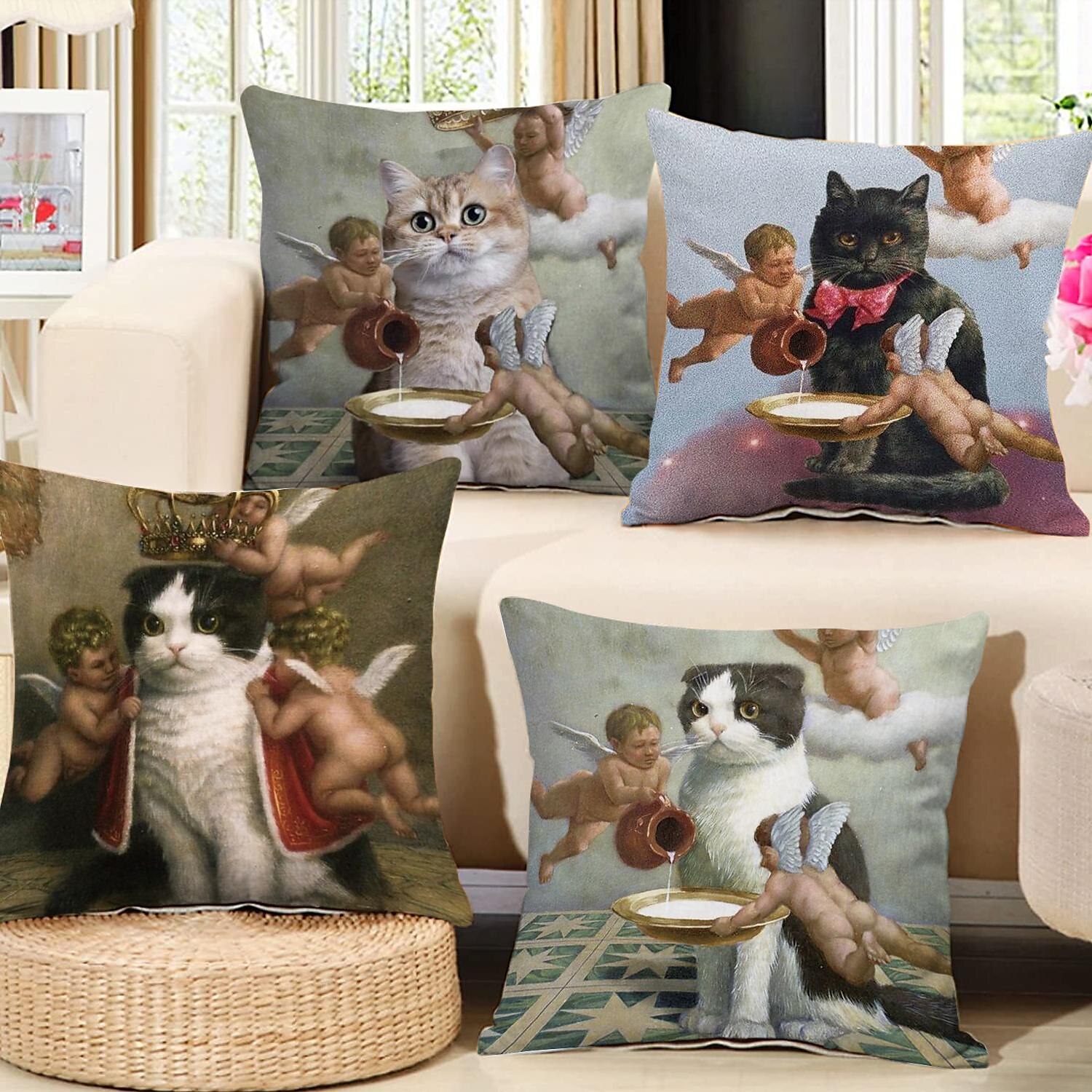 Funny Renaissance Cat Double Side Pillow Cover 4PC Soft Decorative Square Cushion Case Pillowcase for Bedroom Livingroom Sofa Couch Chair 2023 - US $14.99 –P1