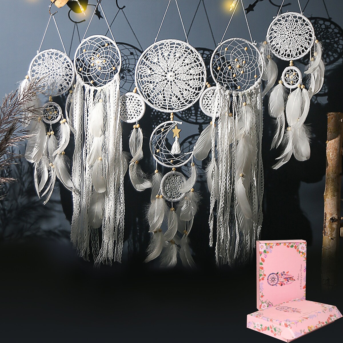 Large Size 5 Pcs Dreamcatcher Moon and Stars Hanging Over the Bed 
