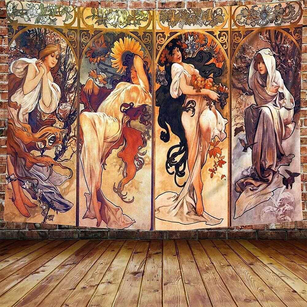 Art Nouveau Lady Tapestry Painting Medieval Wall Art Decor