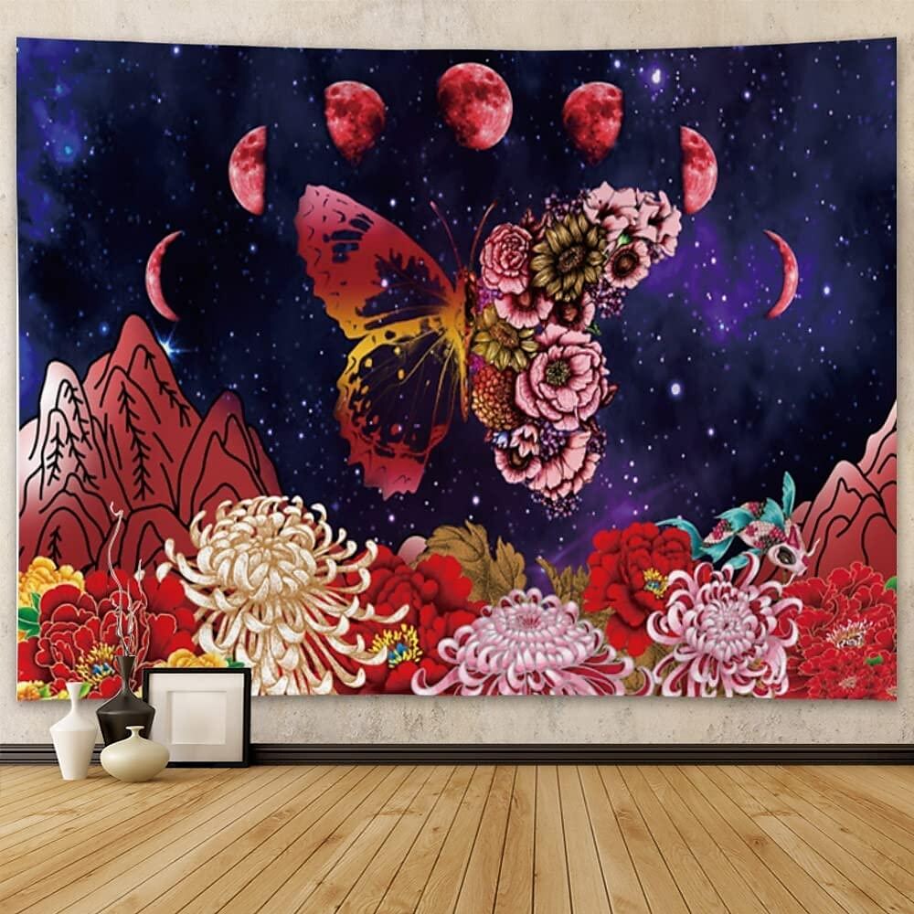 Trippy Wall Tapestry Art Decor Moon Phase Butterfly Flower Wall Hangin
