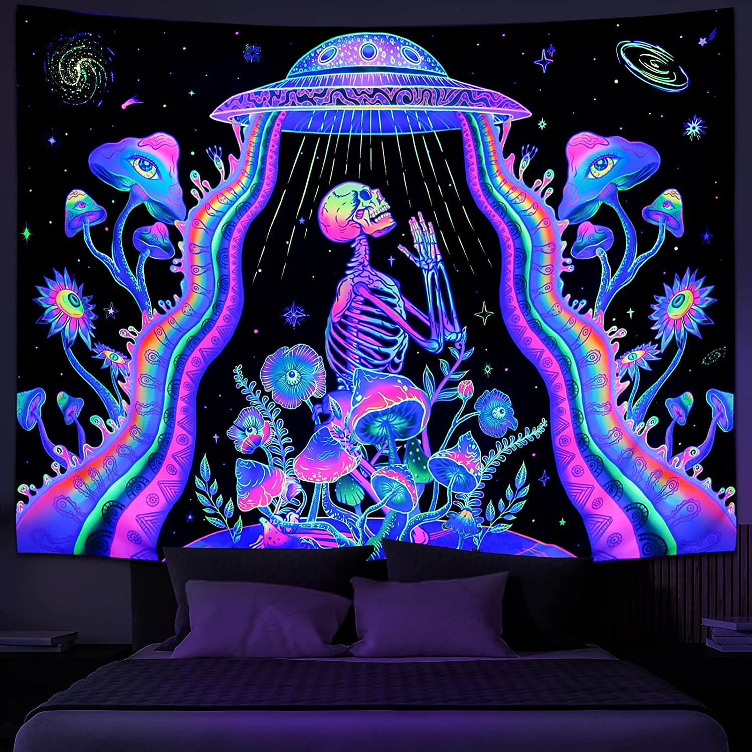 Alien Skull Blacklight UV Reactive Tapestry Trippy Psychedelic