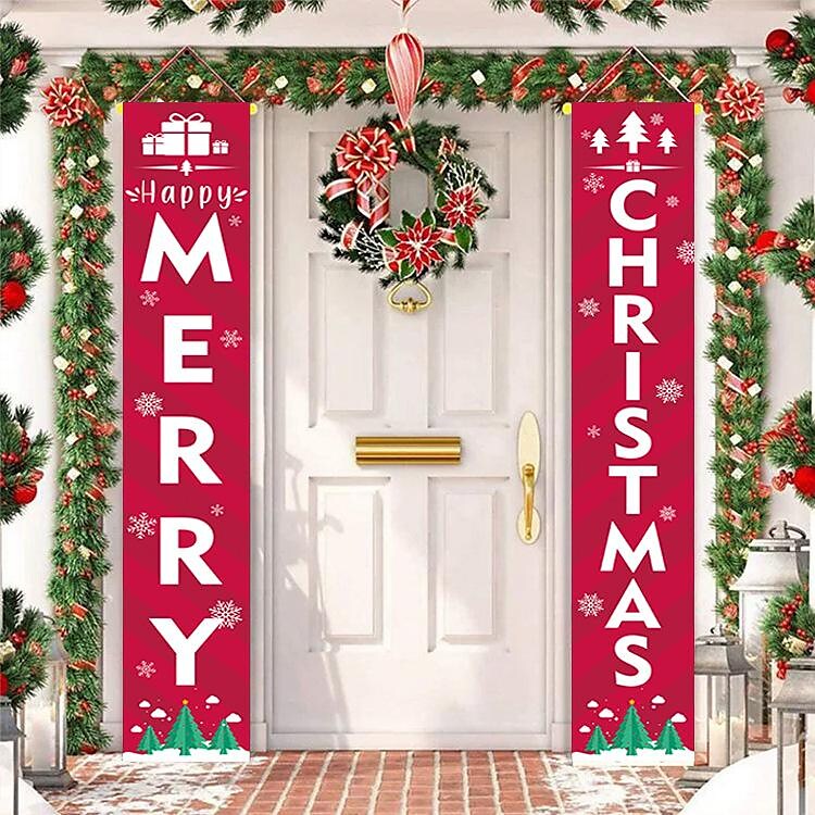 Merry Christmas Banner Sign - Christmas Front Porch Door Decorations