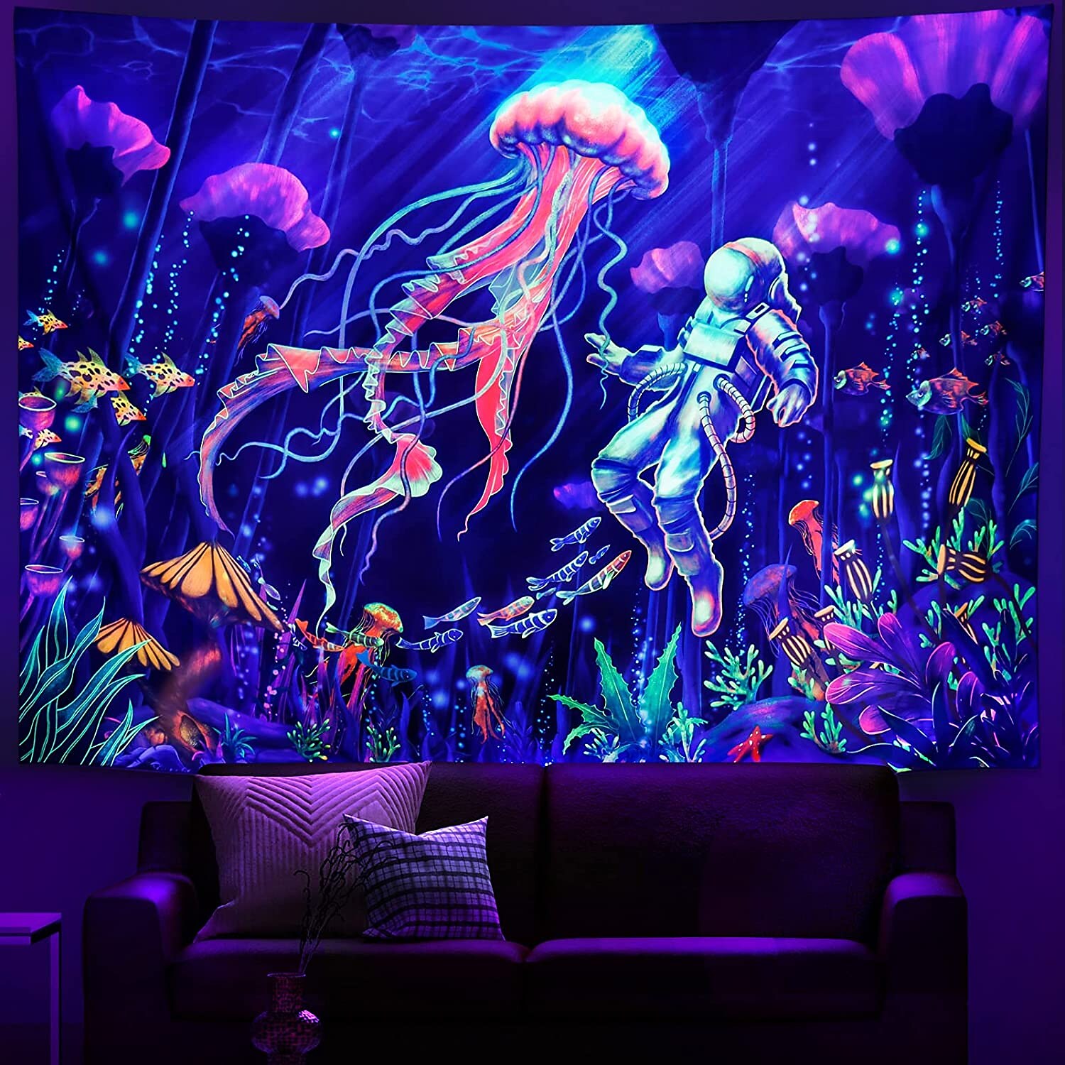 Jellyfish Astronaut Blacklight UV Reactive Tapestry