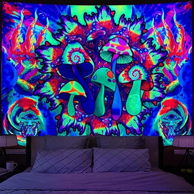 Trippy Mushrooms Black Light Tapestry UV Reactive Psychedelic