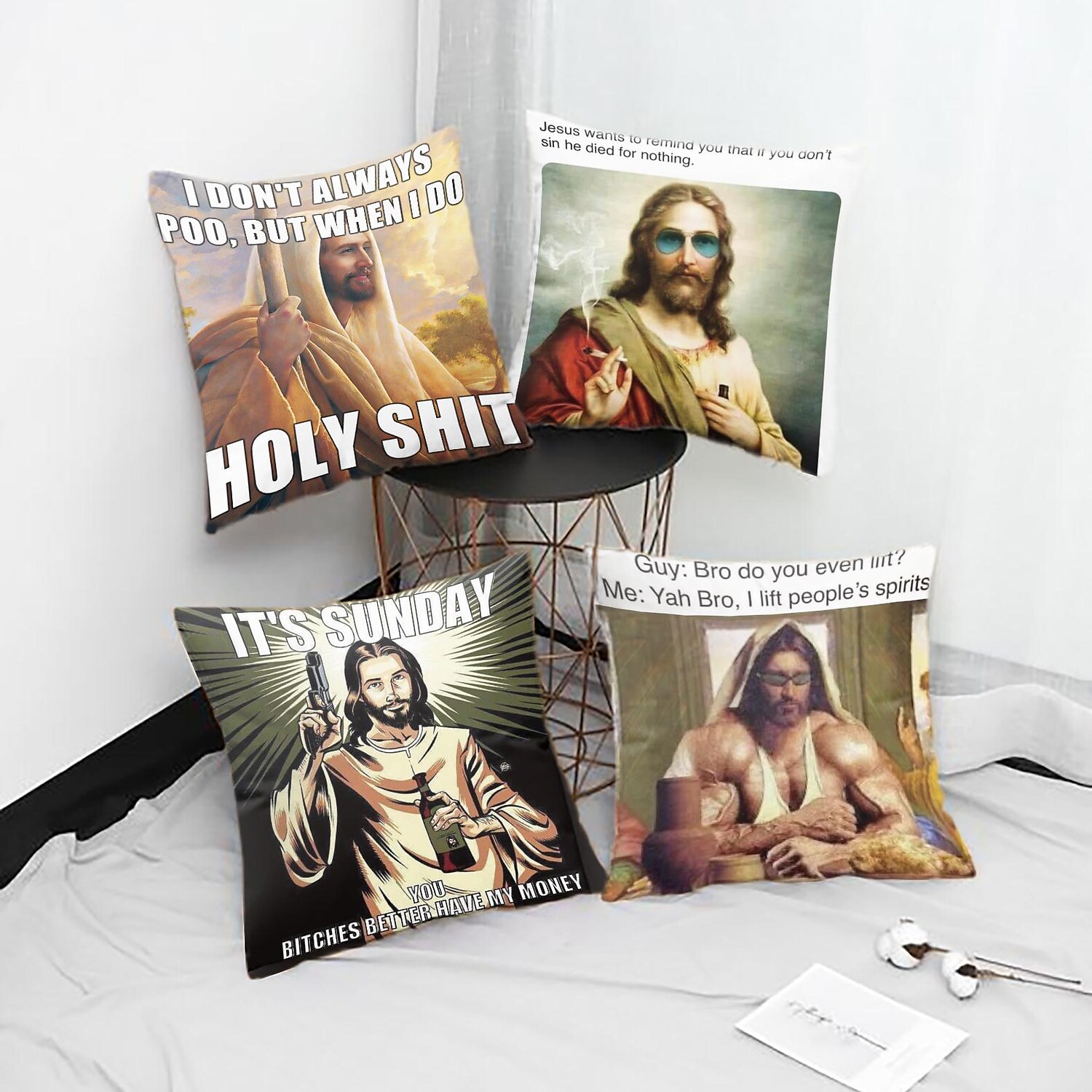 Double Side Pillow Cover 4PC Jesus Funny Quote Soft Decorative Square 
