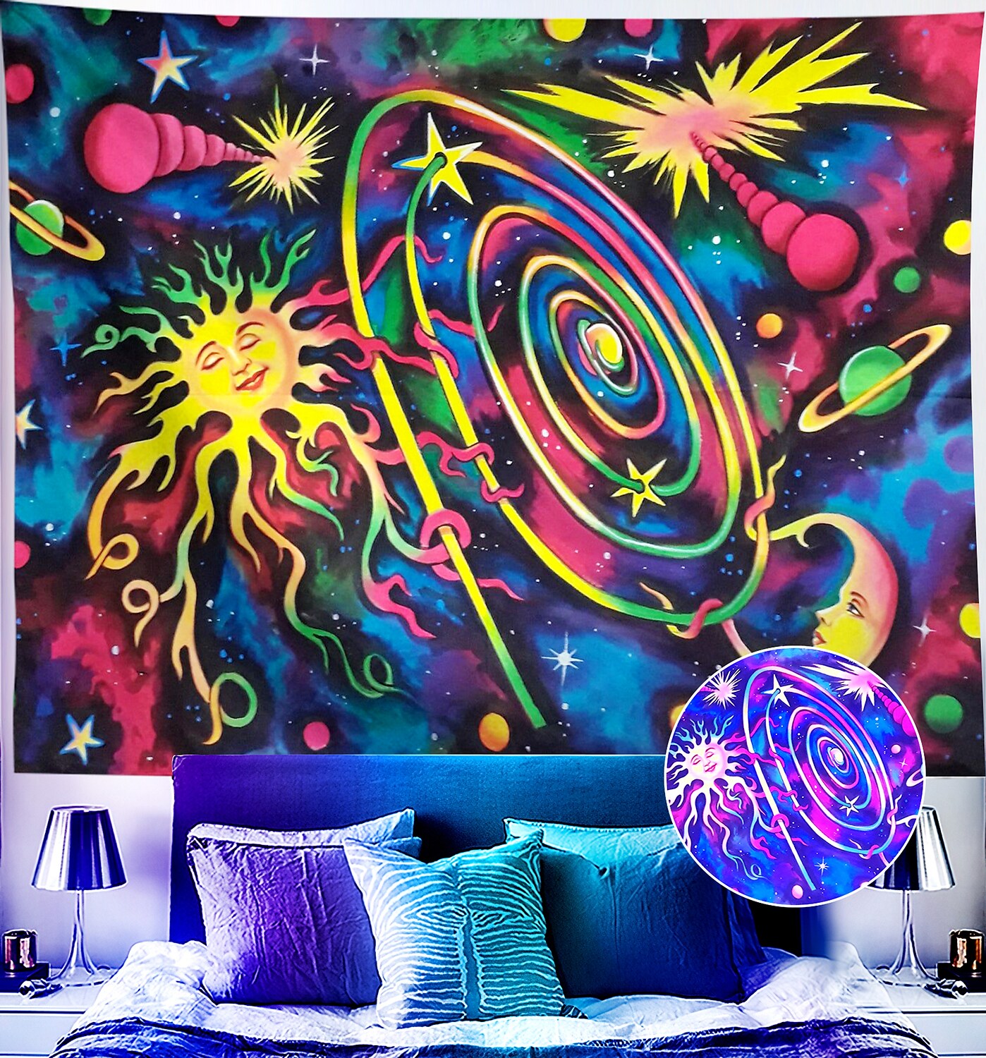Trippy Blacklight UV Reactive Wall Tapestry Psychedelic Sun Galaxy