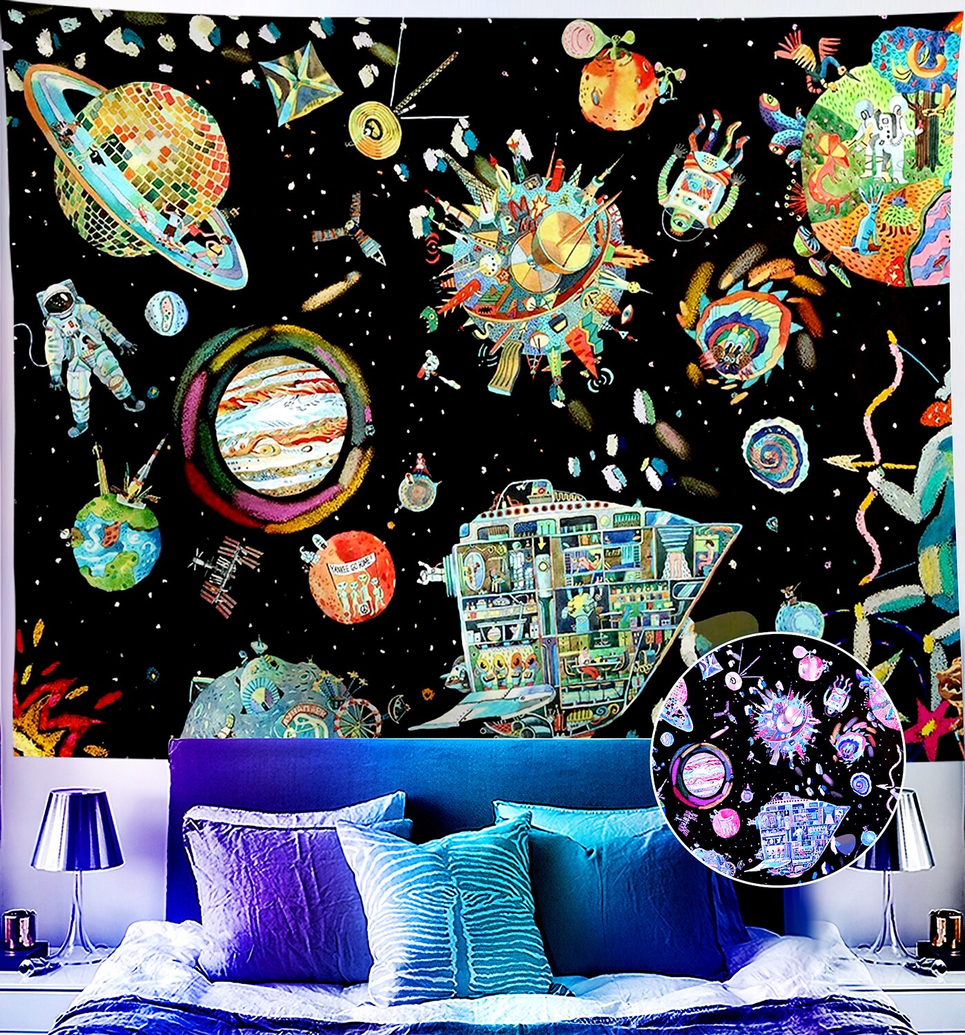Astronaut Blacklight UV Reactive Wall Tapestry Universe