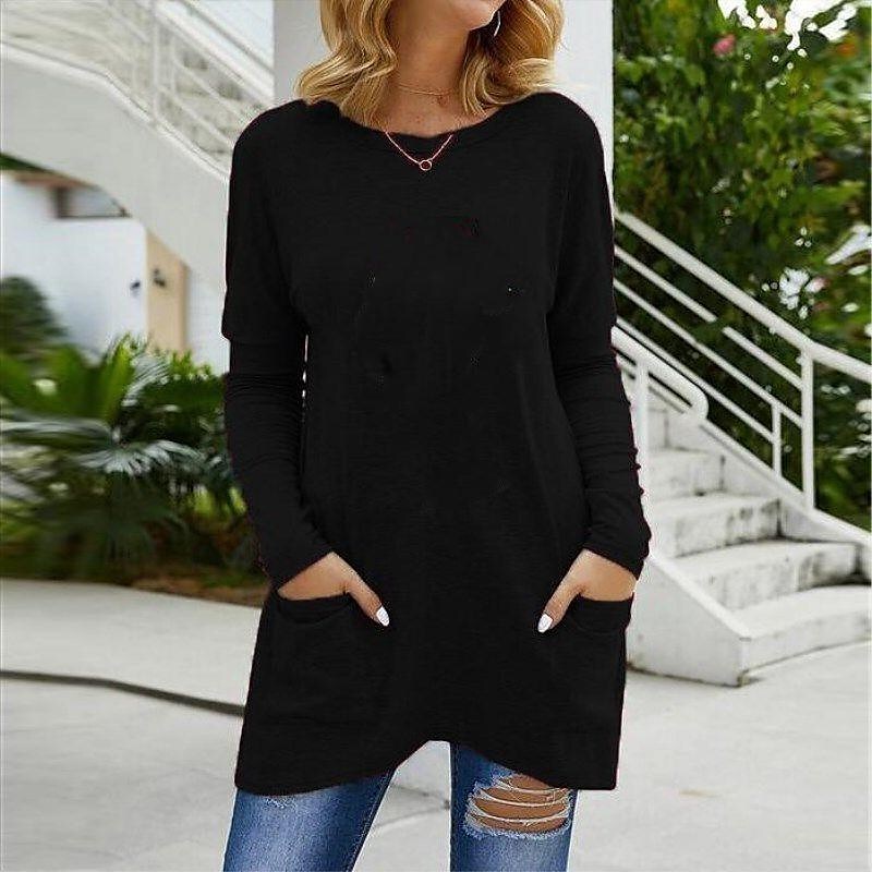 Women's long-sleeved casual pocket solid color tops