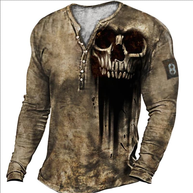 Men's T-shirt Henley Graphic Skull Long Sleeve 3D Print Plus Size Tops 