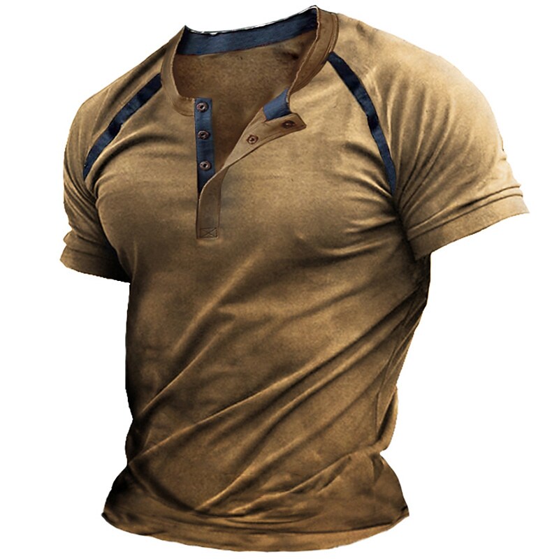 Men's T-shirt Henley Graphic Color Block Short Sleeve Casual Button-Down Print Tops