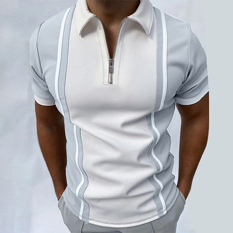 Men's Golf Shirt Striped Turndown Casual Zipper Short Sleeve Tops 