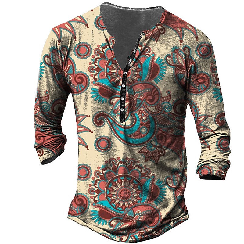 Men's T-shirt Henley Graphic Floral Long Sleeve Print Plus  Button-Down Print Tops